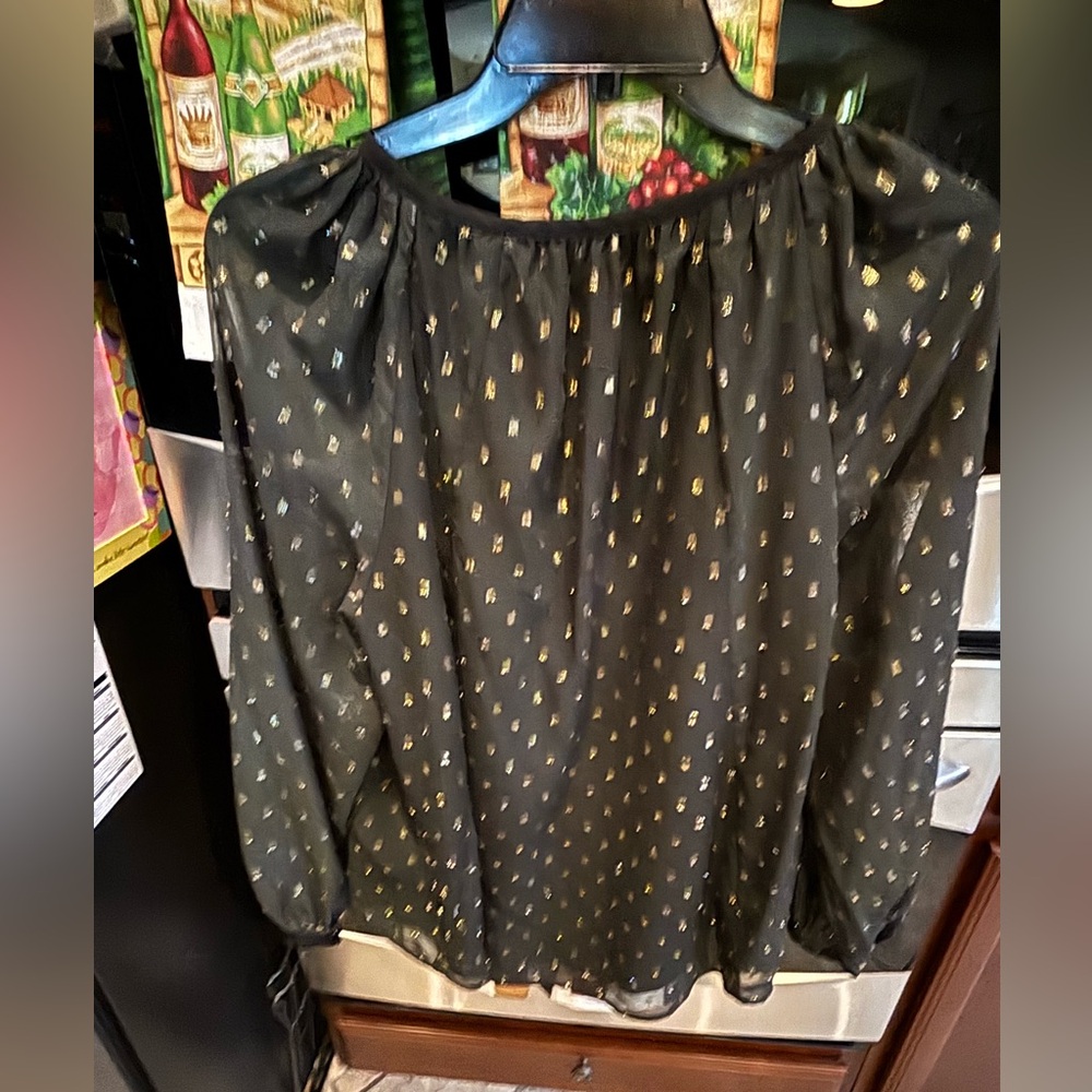 Tahari Black Blouse with Gold Foil Dot Print